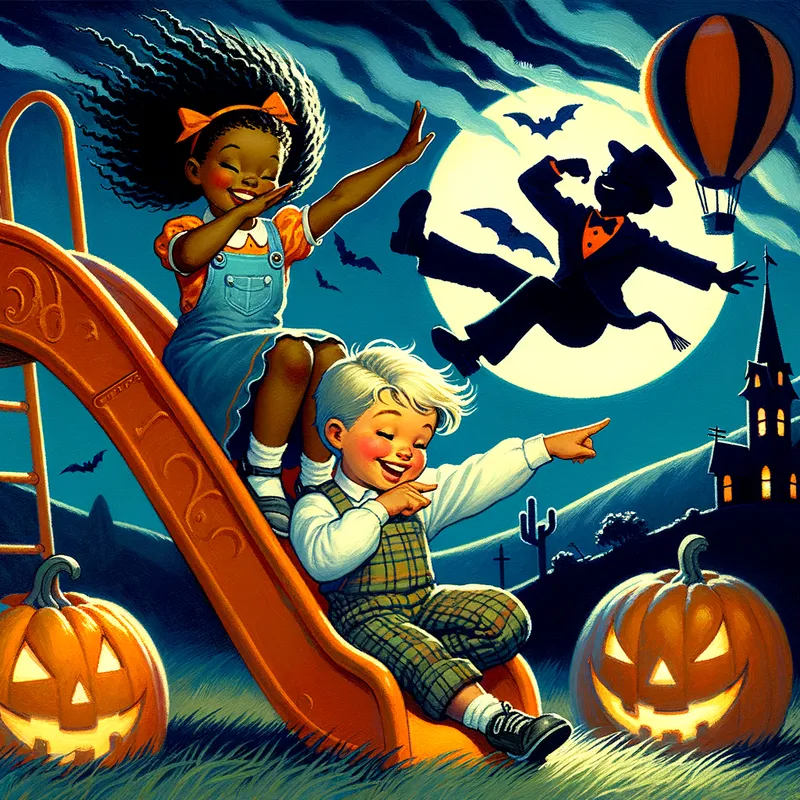 Recess Revelry - Halloween and david wiesner inspired with Halloween colors and tone of today's 1 african american and 1 latino kid having fun at recess with only one girl sitting on the slide with on the slide rails and the other is a boy on the grass dabbing everyone being SAFE and a dark blue sky and wind with a hot air balloon flying by for kids - AI image generated with Art - gouache technique, cartoony