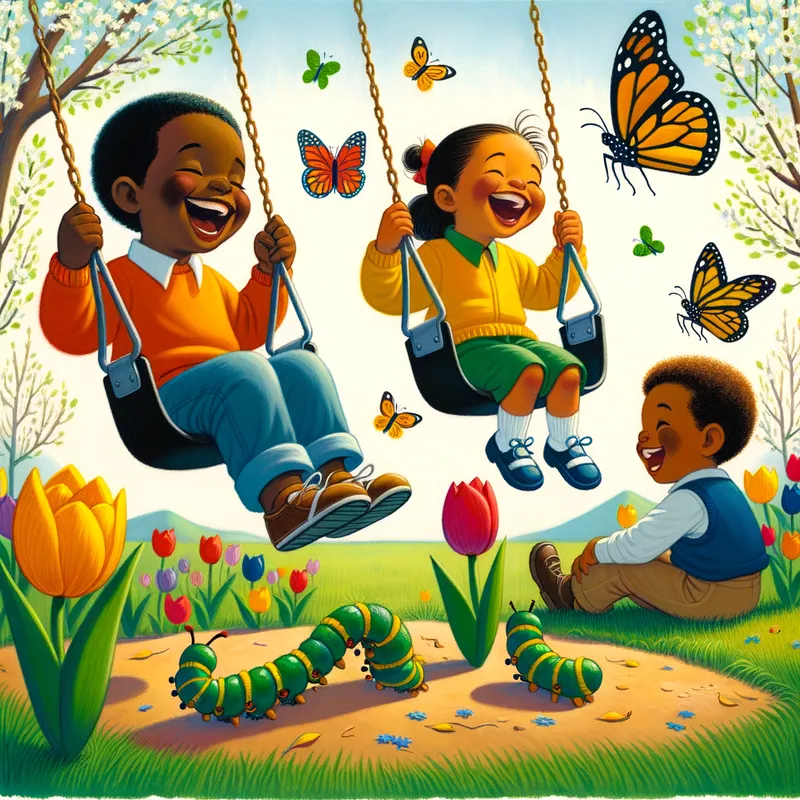 Recess in Springtime - Spring and  david wiesner inspired with bright colors and tone of today's 2 african american and 1 latino kids having fun at recess with two on swings and everyone being safe and a cute flowers coming out of the ground with a caterpillar laying on a leaf and butterflies in the sky - AI image generated with Art - gouache technique, cartoony