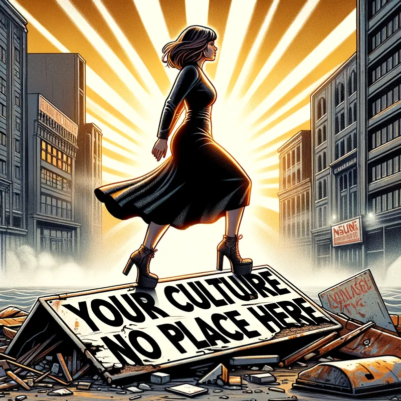 Reclaiming Space - An empowered woman steps over a discarded sign that reads 'your culture has no place here'. The scene includes elements of urban decay, but she is illuminated by rays of sunlight, symbolizing hope and the reclaiming of her cultural identity. - AI image generated with Art