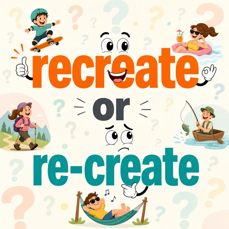 Recreate or Re-Create? - The word 'recreate' in bold orange, the word 'or' in dark gray below, and the word 're-create' in teal below. Big letters, central focus, with a background of question marks and a few icons of recreational activities. Bright, clean, minimalist design with a modern sans-serif typography; soft pastel color palette with punchy accent colors; humorous tone achieved through cartoonish animations. - AI image generated with GPT Image