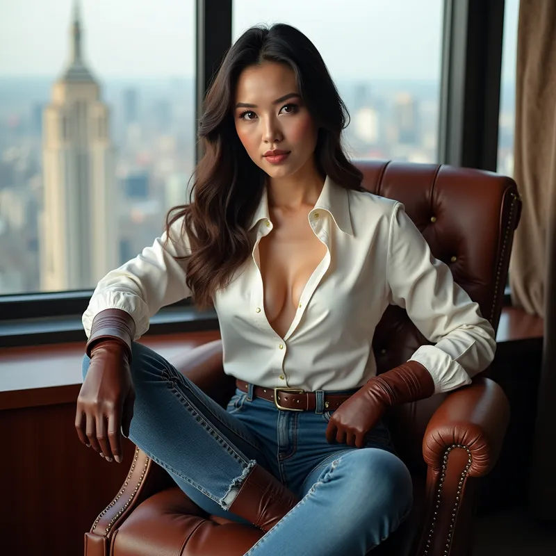 Red-Eyed Director's Command - Magnificent Chinese businesswoman CEO with striking red eyes and flawless hair sits in her sumptuous office overlooking the city. She wears a revealing white blouse, long sleeves, glossy brown leather gloves, tight blue jeans, and rigid, tall brown riding boots with her pants tucked in. Her commanding presence and gaze showcase her passion for her unique leather boots. - AI image generated with Photorealistic 2