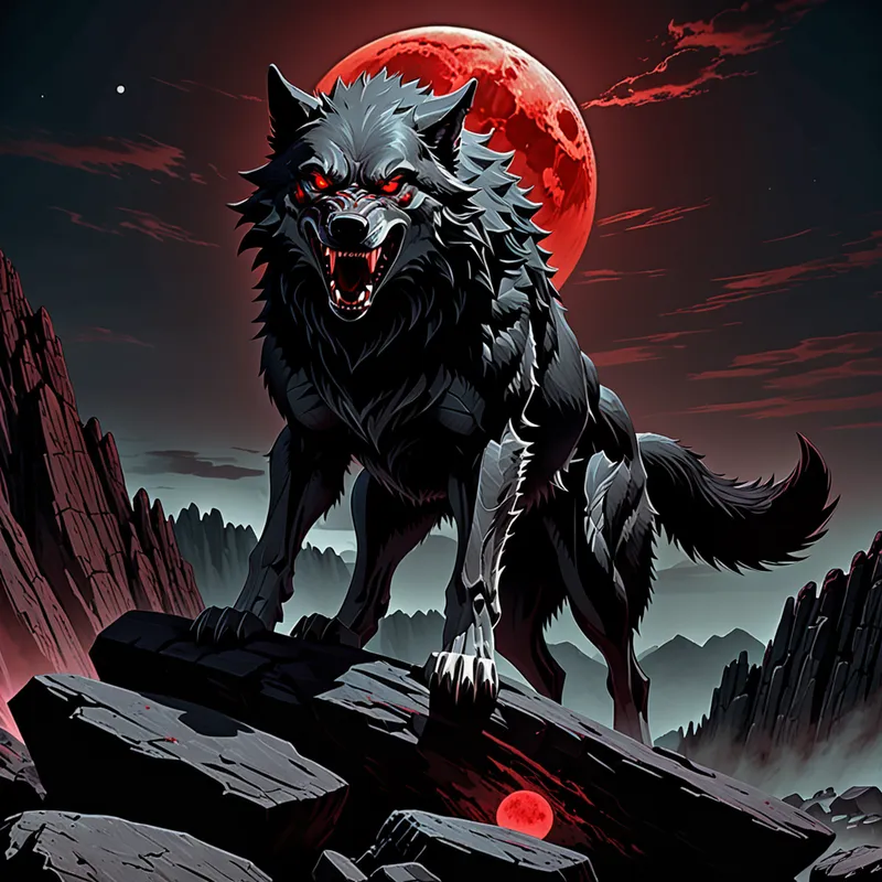 Red-Eyed Nightbeast - Standing atop a rocky outcrop under a blood-red moon, an enormous wolf-like creature reveals its full power. Its pitch black, singed fur bristles with menace, and its giant fangs glint ominously. Most striking are its glowing, violent red eyes, filled with rage and intelligence, casting a sinister light onto the sharpened rocks below. - AI image generated with Fictional