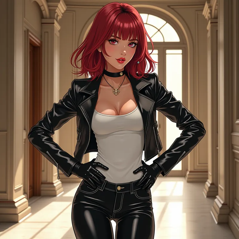 Red Fringe Beauty in Leather - A striking Asian woman with mid-length crimson hair and a stylish fringe, dressed in a glossy black leather jacket, white plunging-neck t-shirt, stiff wide black leather gloves, low-cut jeans, and tall glossy black riding boots. She bends forward suggestively, hands on hips, in a luxurious building hall, giving a loving, cheeky look with her red eyes. Highly detailed and colored, with strong manga-style light and shadow. - AI image generated with Photorealistic 2