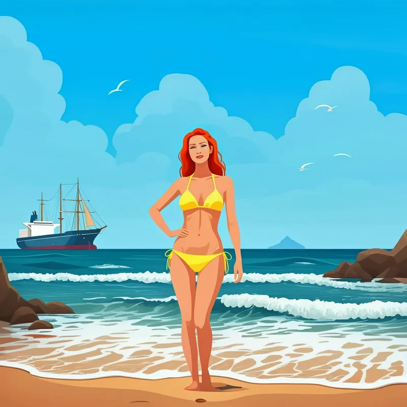 Red-Haired Beauty on Serene Beach - A beautiful red-haired woman wearing a yellow bikini, standing on a picturesque beach with waves gently coming up the sand. In the background, a large ship can be seen on the horizon, adding to the serene and captivating atmosphere. - AI image generated with Imagen 3