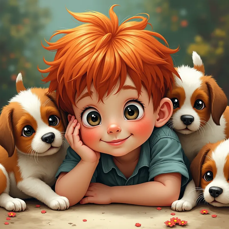 Red-Haired Boy with Playful Puppies - In an ultra-detailed illustration by Luis Royo, a little boy  with red hair, lies on his stomach. he has a crooked smile and large, expressive eyes, resting his head on one hand, surrounded by playful brown and white puppies. The scene is bursting with bright and joyful colors. - AI image generated with Photorealistic 2