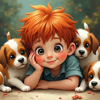 Red-Haired Boy with Playful Puppies