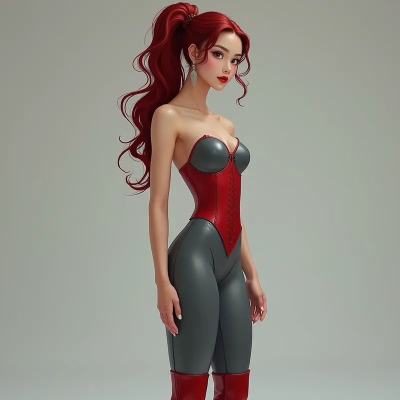 Red-Haired Dynamo - Depict a 20-year-old Chinese woman with a distinct athletic figure, featuring voluminous, moderately curled red hair tied in an immaculate, high ponytail. Her captivating almond-shaped gray eyes are framed by the form-fitting lines of a strapless slate gray leather catsuit, accented with a vivid blood red corset and knee-high blood red walking boots with 2-inch heels. Silver dangling earrings catch the light as she stands in a minimalistic studio setting. - AI image generated with Photorealistic 2