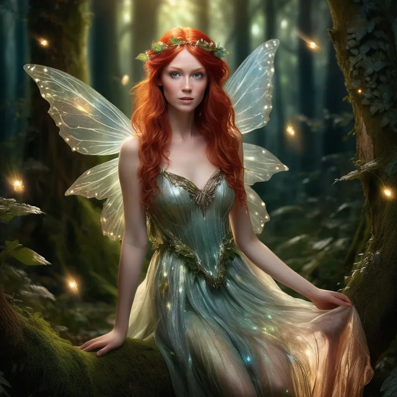 Red-Haired Fairy in Enchanted Glade - Create a hyper-realistic image of a beautiful female fairy with vibrant red hair. She should have delicate, translucent wings with an iridescent sheen, and wear an elegant, nature-inspired dress. The scene is set in an enchanting, softly lit forest glade with magical sparkling lights surrounding her. Her expression is serene and enchanting, capturing the mystical allure of fairies. - AI image generated with Photorealistic