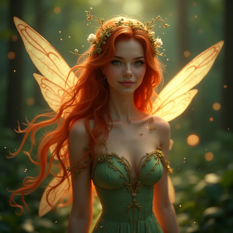 Red-Haired Fairy in Enchanted Glade - Create a hyper-realistic image of a beautiful female fairy with vibrant red hair. She should have delicate, translucent wings with an iridescent sheen, and wear an elegant, nature-inspired dress. The scene is set in an enchanting, softly lit forest glade with magical sparkling lights surrounding her. Her expression is serene and enchanting, capturing the mystical allure of fairies. - AI image generated with Photorealistic 2