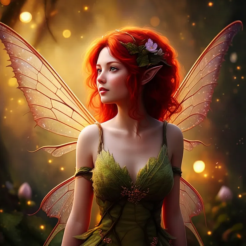 Red-Haired Fairy in Enchanted Glade - Create a hyper-realistic image of a beautiful female fairy with vibrant red hair. She should have delicate, translucent wings with an iridescent sheen, and wear an elegant, nature-inspired dress. The scene is set in an enchanting, softly lit forest glade with magical sparkling lights surrounding her. Her expression is serene and enchanting, capturing the mystical allure of fairies. - AI image generated with Imagen 3