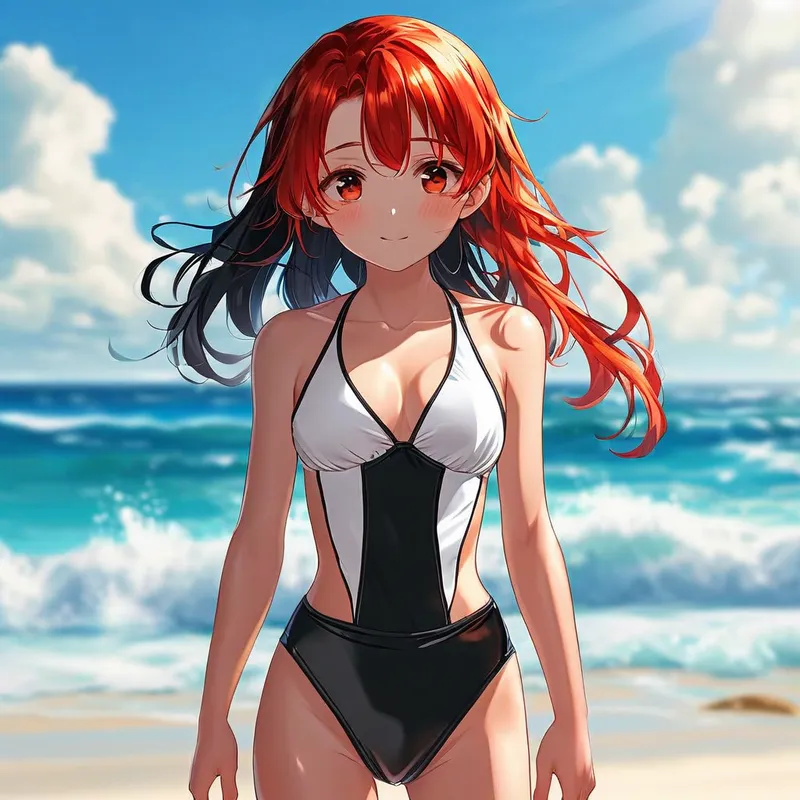 Red-Haired Girl in Stylish Swimsuit - A red-haired girl with black hair tips, wearing a stylish white and black swimsuit, standing confidently on a sunny beach with the ocean waves in the background. The scene is vibrant and captures the essence of summer fun. - AI image generated with Nova Canvas