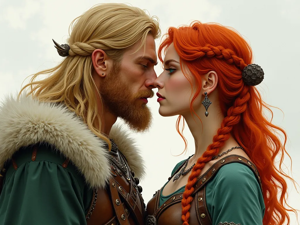 Red-Haired Warrior's Embrace - An attractive female warrior half-orc, with red hair, green eyes, embraces a male viking warrior with blonde hair, and kisses him. - AI image generated with Photorealistic 2 - aquarelle, fantasy art, high dynamic range)