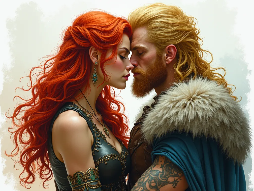 Red-Haired Warrior's Embrace - An attractive female warrior half-orc, with red hair, green eyes, embraces a male viking warrior with blonde hair, and kisses him. - AI image generated with Photorealistic 2 - aquarelle, fantasy art, high dynamic range)
