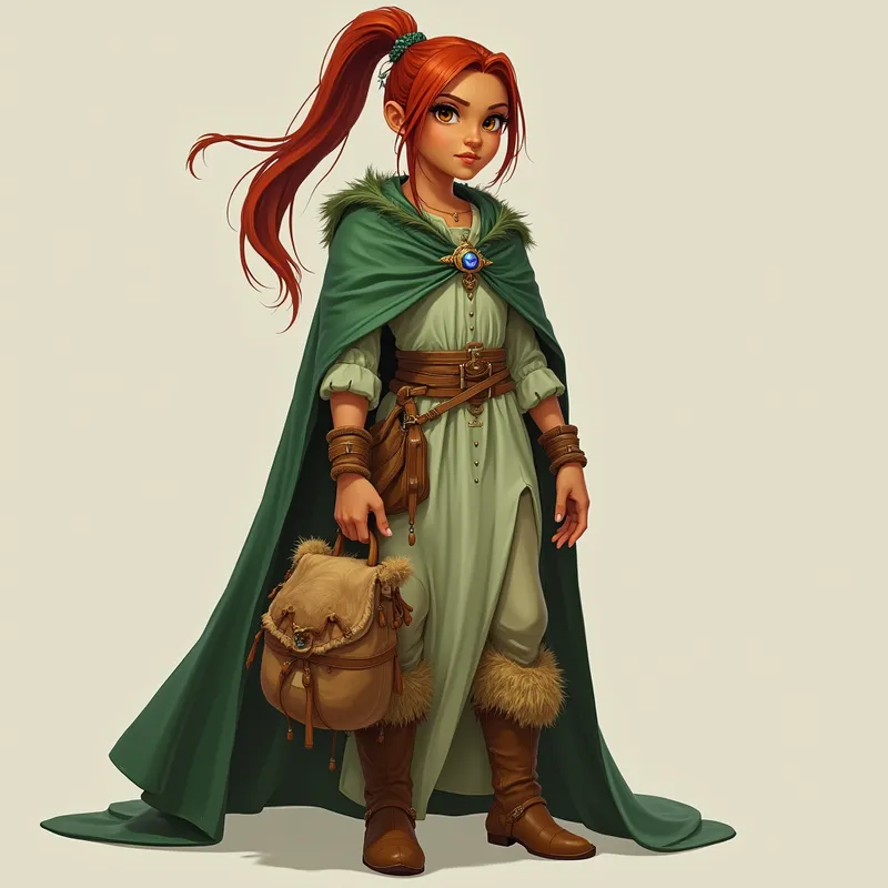 Red-Haired Xaltheran in Green - Create an image of a Xaltheran woman featuring straight red hair pulled into a ponytail, held by a jeweled clip. Her complexion is a rich sienna, her face angular with full lips and wide amber eyes. She is dressed in a light green dress and wears a matching cape, secured with a jeweled brooch that matches her hair accessory. She holds a medicine bag made from animal skin, which complements her fur-covered boots. Her nails are short, plain, and unpainted. - AI image generated with Flux