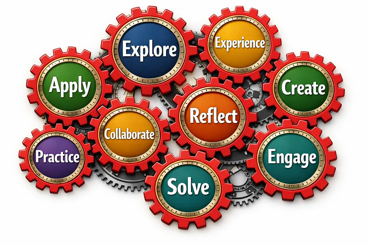 Two Red Cogs Red Interlocking Cogs of Action Words - Tangra AI Image Generator