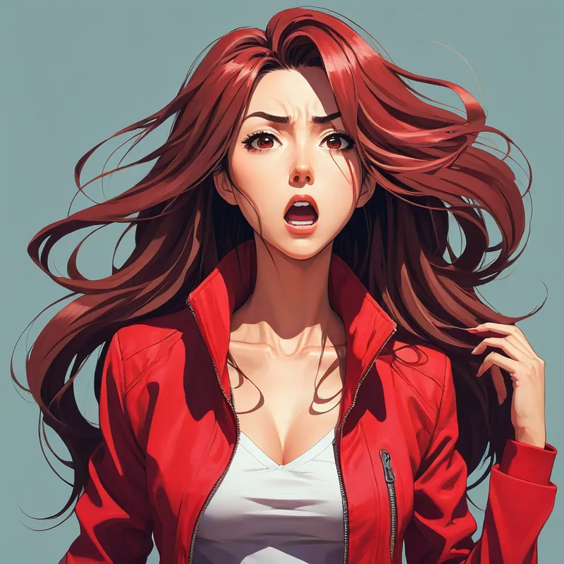 Red Jacket Struggle - An anime woman with flowing hair, wearing a vibrant red jacket that is visibly shrinking and tearing apart, with worry and surprise on her face. - AI image generated with Photorealistic - cartoony