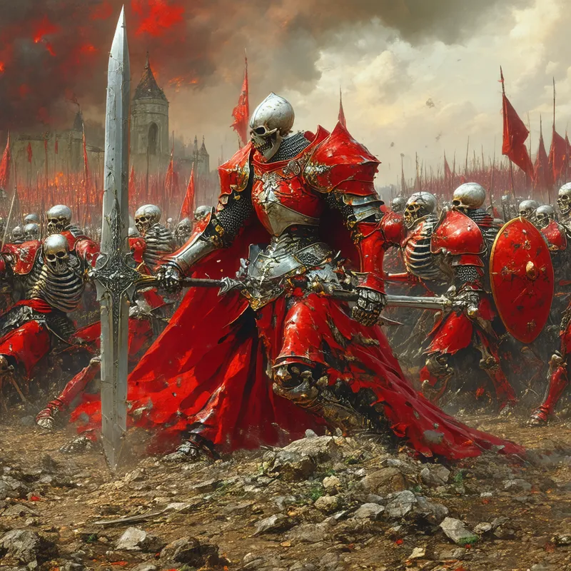 Red Knight Vanquishes Skeleton Warriors - A red human knight destroying skeleton warriors with his sword

