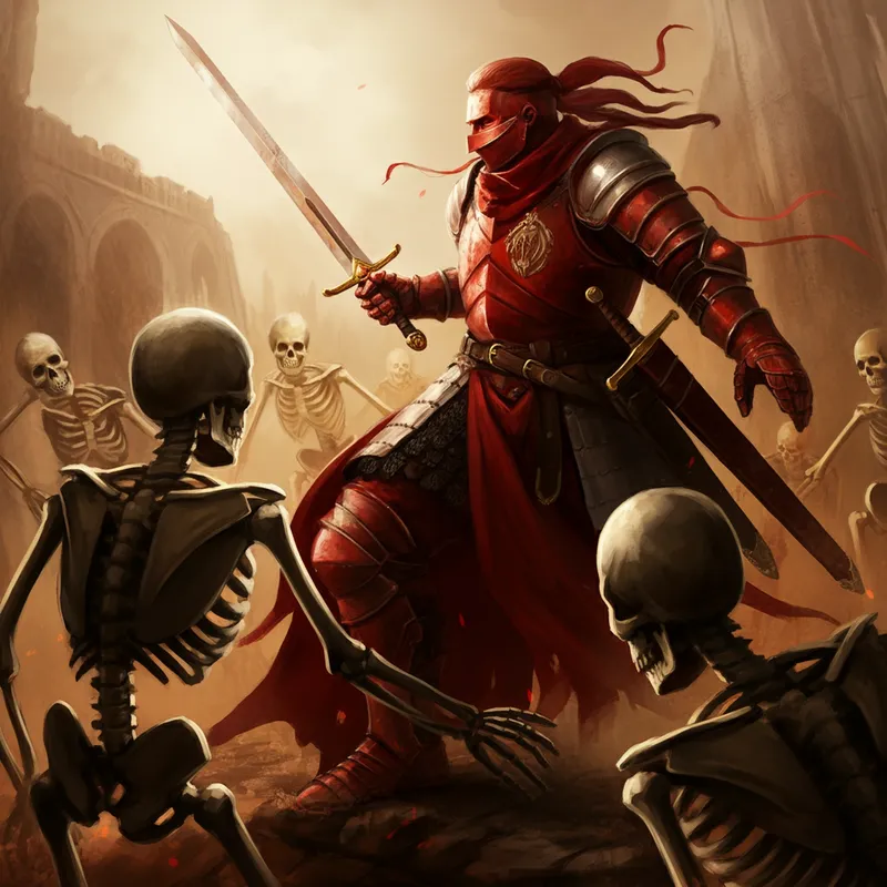Red Knight Vanquishes Skeleton Warriors - A red human knight destroying skeleton warriors with his sword
 - AI image generated with Imagen 3
