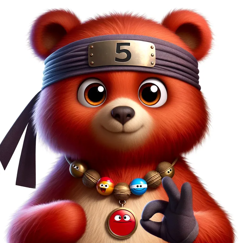 Red Ninja Bear Memecoin Mascot - A cute cartoon bear with red fur, wearing a ninjastyle head band. The bear proudly displays a necklace of meme coins around its neck, like pepe and doge. It looks directly at the camera with a charming gaze. - AI image generated with Art