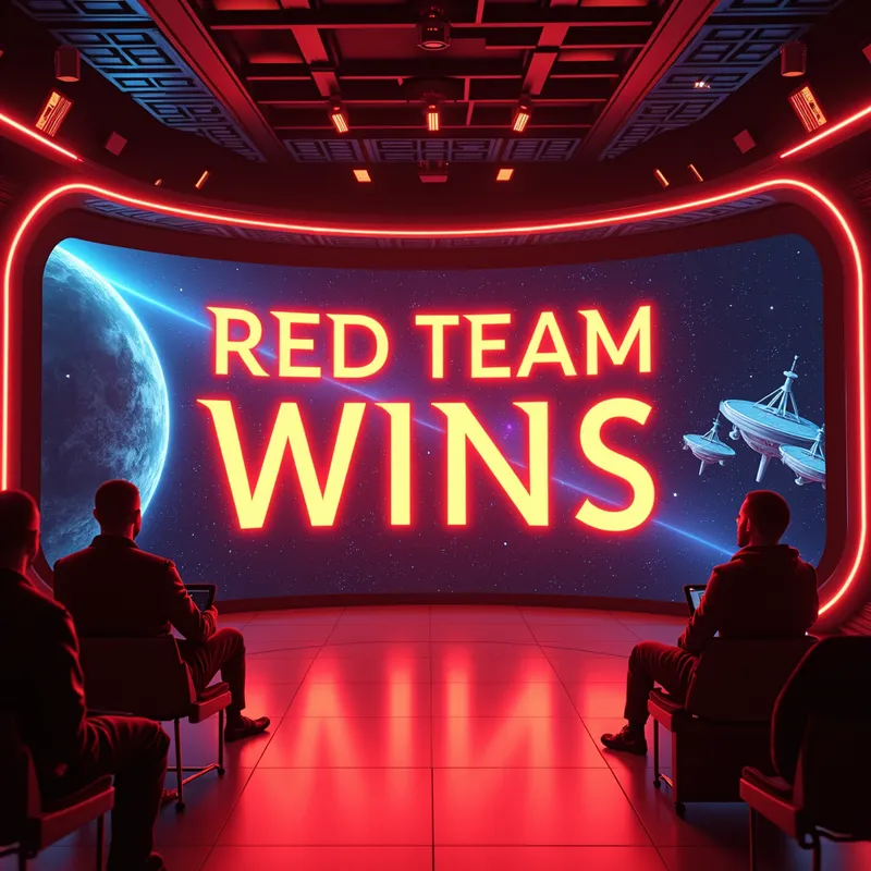 Red Team Victory in Space - A futuristic, spatial-themed scene where a digital banner displays 'RED TEAM WINS' in bold, glowing letters. The setting includes a starry cosmos backdrop with sleek, high-tech elements like spaceships, satellite dishes, and holographic screens. The ambiance reflects celebration and triumph, with bright red accents highlighting the victorious moment. - AI image generated with Photorealistic 2