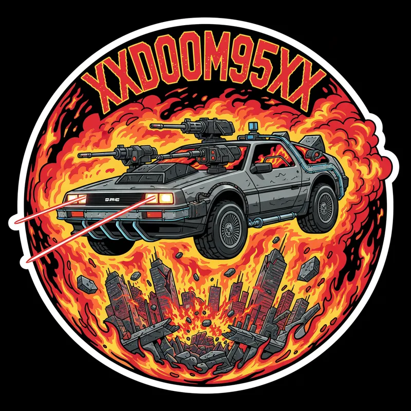 Redline Anarchy - Illustrate a stunning circular vector image for a sticker: an armored DeLorean, bristling with guns and casting vivid red beams from its headlights, airborne above ruins and explosive debris in a blazing city under siege. Fierce flames swirl throughout, and the distressed-lettered title 'XXDOOM95XX' crowns the composition. - AI image generated with Nano Banana