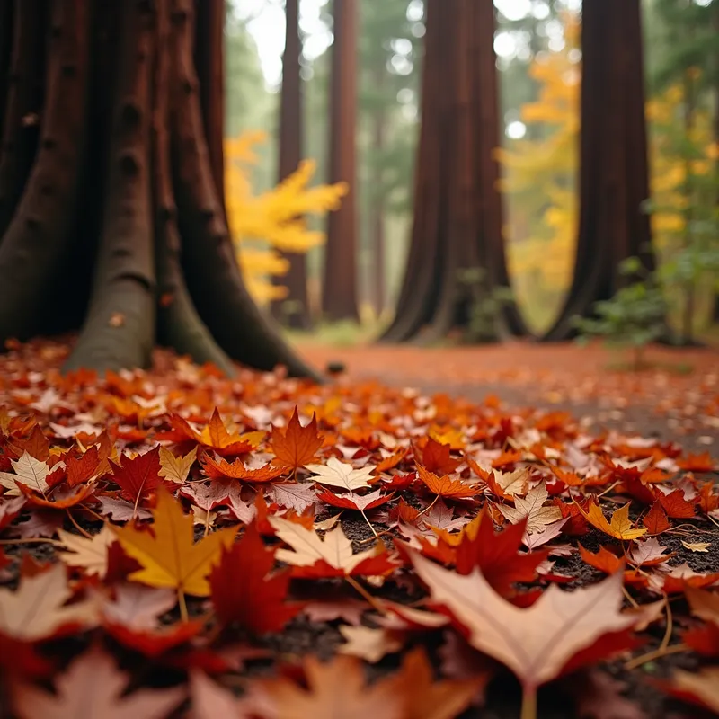 Redwood Forest in Autumn - An autumn scene in a redwood forest, with the majestic trees towering over a carpet of vibrant fallen leaves in shades of red, orange, and yellow, creating a warm and inviting landscape. - AI image generated with Photorealistic 2 - close-up macro photograph