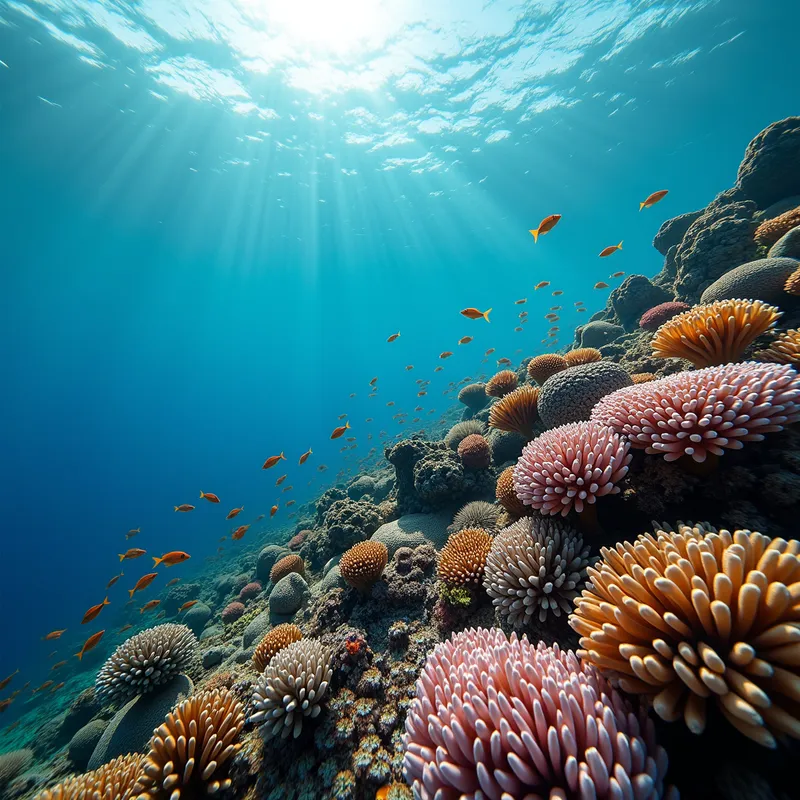 Reef in Bloom - A detailed view of a coral reef teeming with life, where corals of various shapes and sizes create a stunning backdrop for schools of fish darting in and out of their hidden refuges. - AI image generated with Photorealistic 2