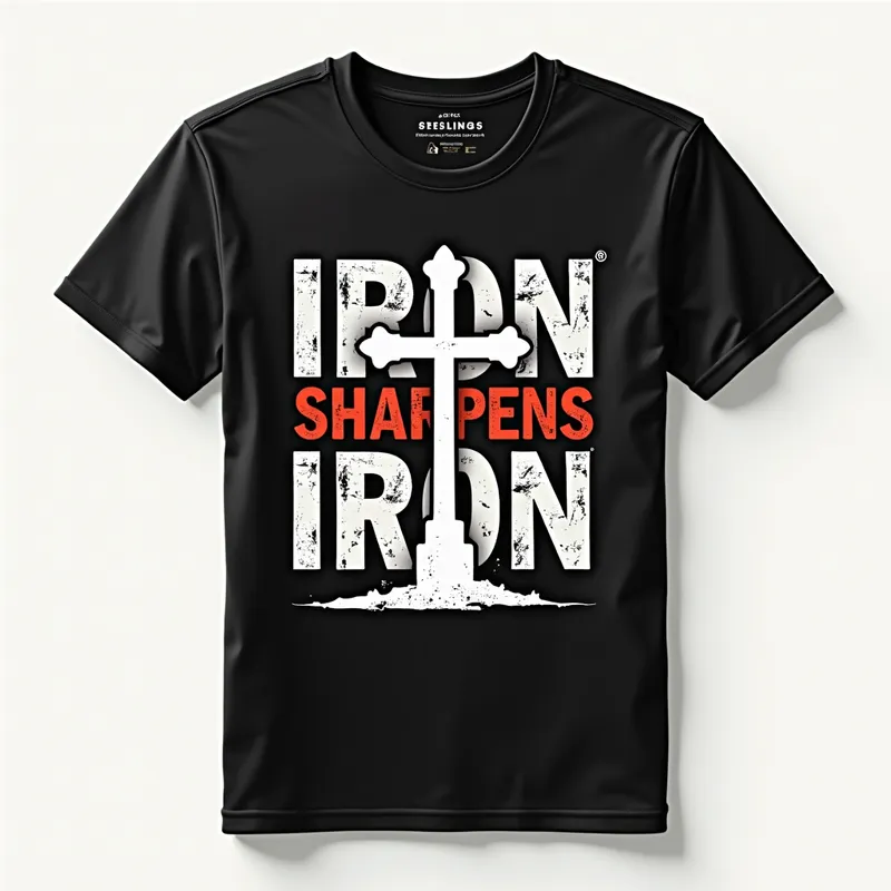 Refined_Strength - Design a shirt with the prominent slogan 'Iron Sharpens Iron' and a light cross silhouette, highlighting the theme of improvement through challenges. - AI image generated with Photorealistic 2