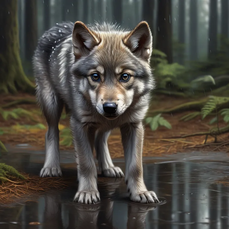 Reflection of Destiny - Square hyper-detailed digital painting featuring a young grey wolf puppy gazing into a rain puddle in a forest clearing. The reflection shows a majestic adult grey wolf with intense eyes. Hyper-realistic textures, vivid natural tones, glossy wet ground, intricate fur detail, and striking contrast. - AI image generated with Photorealistic - chalk