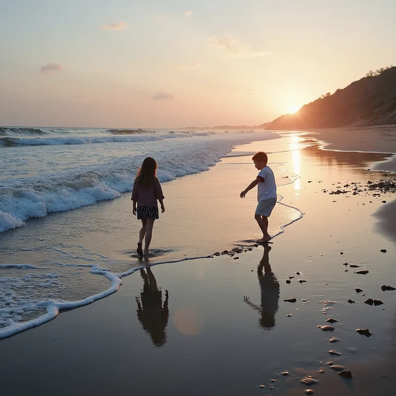 Reflective Puddles at Sunset - Gentle waves roll in, washing over footprints and softening the day’s joyful chaos. Shallow puddles scattered across the sand catch the sky's reflection, turning the earth into a mirror of fading light and memory. - AI image generated with Photorealistic 2