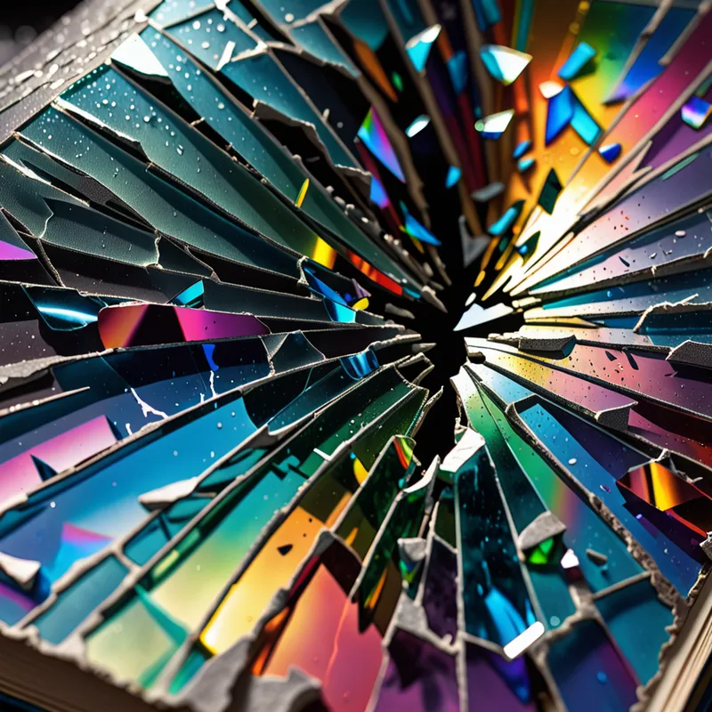 Refraction - A hyper-detailed close-up of cracked glass spanning the entire book cover, with light refracting through the broken pieces and scattering rainbow colors. The composition draws the viewer’s eye toward a central, enigmatic focal point behind the broken surface. - AI image generated with Fictional