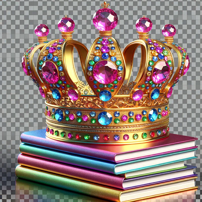 Regal Academia - 3D rendering of a gold crown encrusted with vivid pink, purple, and blue jewels, elegantly tilted on a stack of notebooks. Highly detailed, transparent background, styled in the playful and colorful manner of Lisa Frank artwork. - AI image generated with Art
