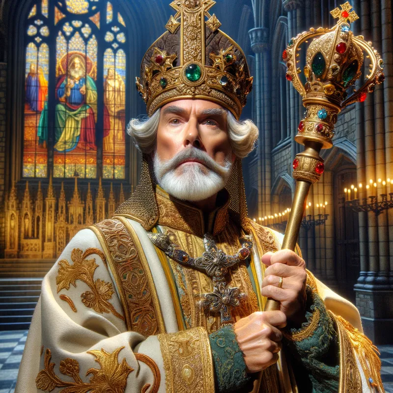 Regal Archbishop in the Sword in the Stone - A regal archbishop character from the play 'The Sword in the Stone'. The archbishop is dressed in ornate medieval robes adorned with intricate gold embroidery and wears a tall, elaborate mitre. He holds a grand, jewel-encrusted staff, symbolizing his authority. The background depicts a grand stone cathedral with illuminated stained glass windows, casting vibrant colors. The archbishop's expression is one of wisdom and solemnity, embodying the spiritual and authoritative aura of his role. - AI image generated with Art