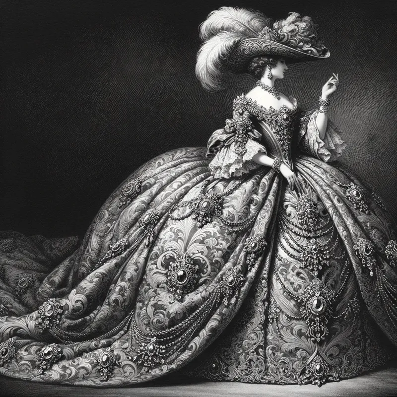 Regal Attire - An elegant lady in a long, flowing dress, showcasing heavy brocade fabric with jeweled embellishments. She wears a fitted doublet and feathered hat, surrounded by an atmosphere of grandeur. - AI image generated with Art