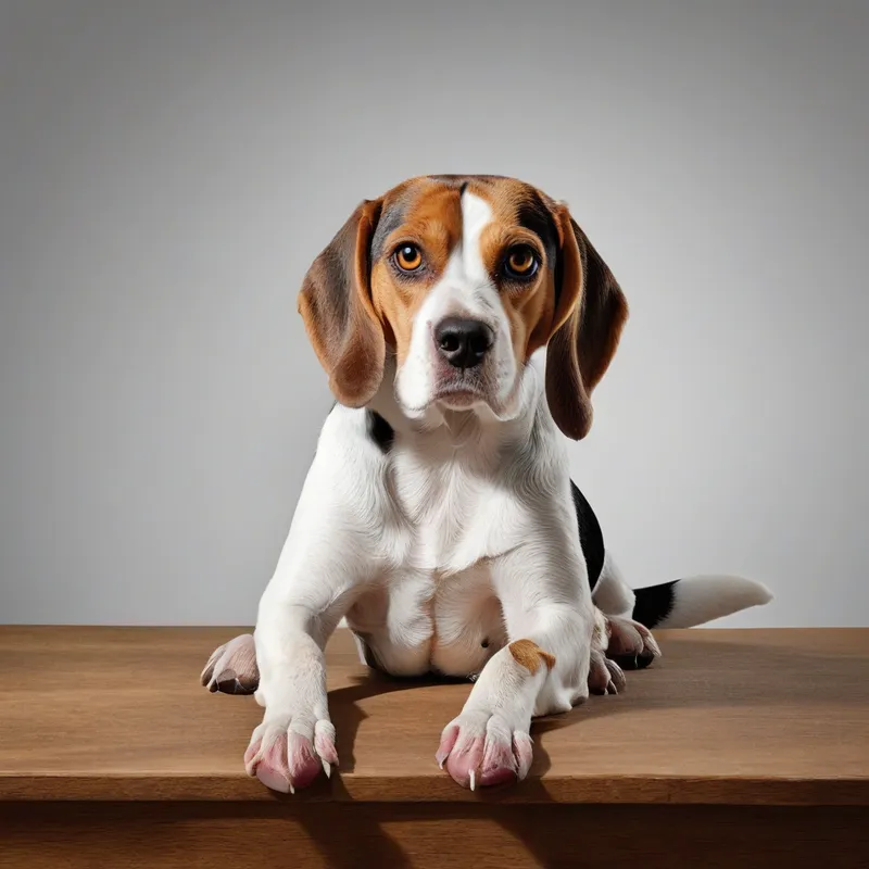 Regal Beagle Reading Desk Portrait - Centered on a pure white background with all parts fully visible. Nothing may touch or extend beyond the edges of the image. Do not crop any part of the subject, furniture, props, or text. A detailed, high-quality photograph of a tri-color beagle sitting regally on a wooden desk, fully visible from ears to paws. The beagle has striking amber eyes and a white chest, with highly detailed realistic fur. In the background, a fully visible bookshelf is filled with colorful books and vintage-style typography that clearly reads: "THAT'S WHAT I DO, I READ BOOKS, I DRINK COFFEE & I KNOW THINGS." On the desk in front of the dog, there is a fully visible open book with readable text and a ceramic coffee cup on a saucer. Warm, cozy lighting, cinematic composition, scholarly and sophisticated atmosphere, realistic textures. - AI image generated with Photorealistic