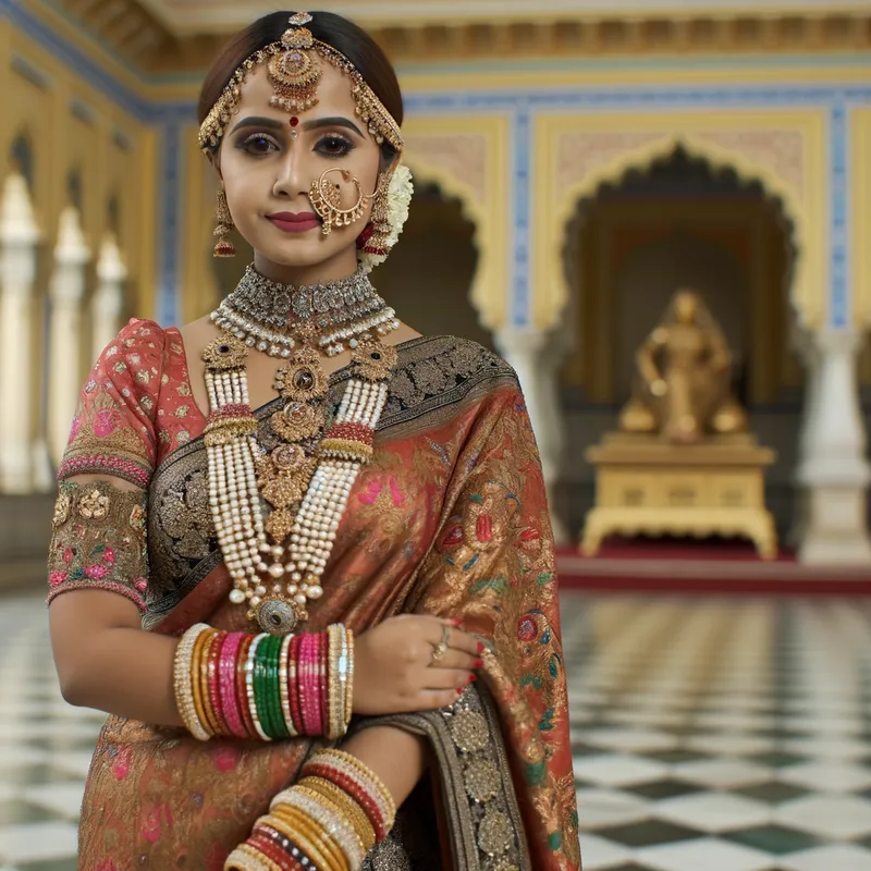 Regal Beauty - An Indian girl in a richly embroidered saree, showcasing a magnificent array of jewels including a maang tikka, bangles, and necklaces, standing in a royal palace setting. - AI image generated with Art