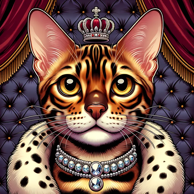 Regal Bengal - A close-up portrait of a regal Bengal cat with striking spotted fur, set against a royal velvet background. - AI image generated with Art - cartoony