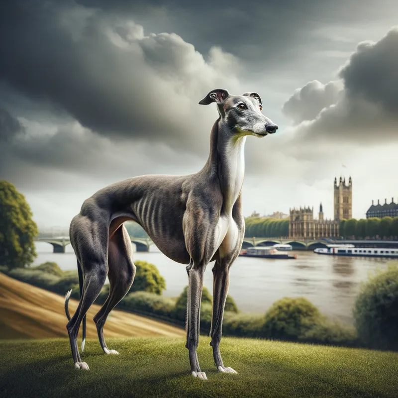 Regal English Greyhound - A sleek and elegant English Greyhound standing proudly on a hilltop overlooking the Thames River. The dog is framed by an overcast sky typical of England, adding an air of mystery and nobility to the scene. - AI image generated with Art