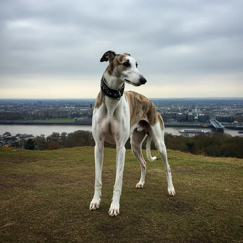 Regal English Greyhound - A sleek and elegant English Greyhound standing proudly on a hilltop overlooking the Thames River. The dog is framed by an overcast sky typical of England, adding an air of mystery and nobility to the scene. - AI image generated with Imagen 3