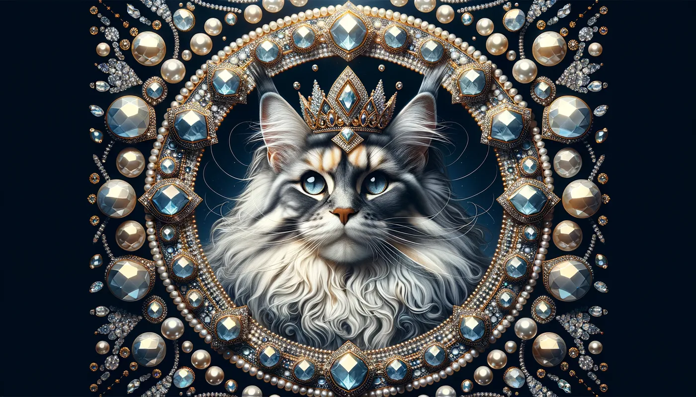 Regal Feline Splendor - elegant main coon cat queen surrounded by diamonds in pearl colors of blue & gold - AI image generated with Art - double exposure, vivid colors, close-up