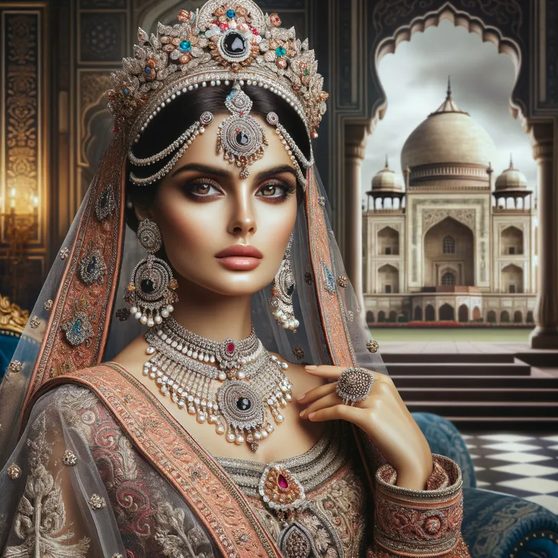 Regal Indian Majesty - A stunning portrait of an Indian queen, adorned in traditional royal attire with intricate jewelry and a majestic crown, set against a backdrop of an opulent palace. - AI image generated with Art