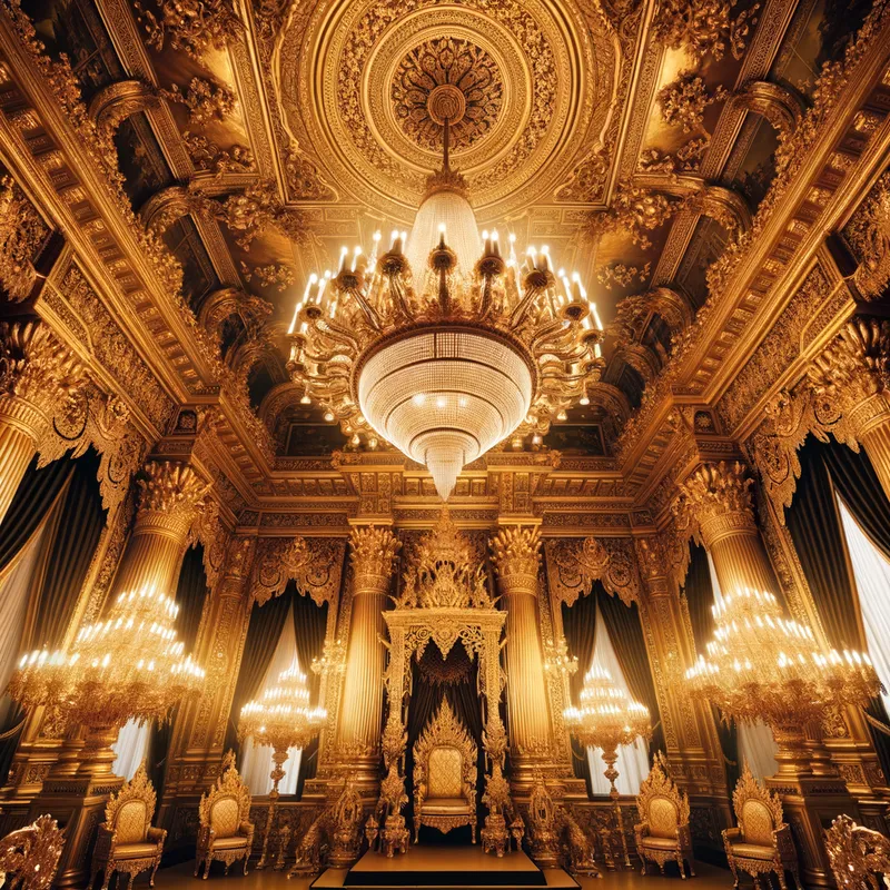 Regal Splendor - A majestic throne room with a shiny gold background, elaborate royal decorations, and a grand chandelier hanging from the ceiling. - AI image generated with Art