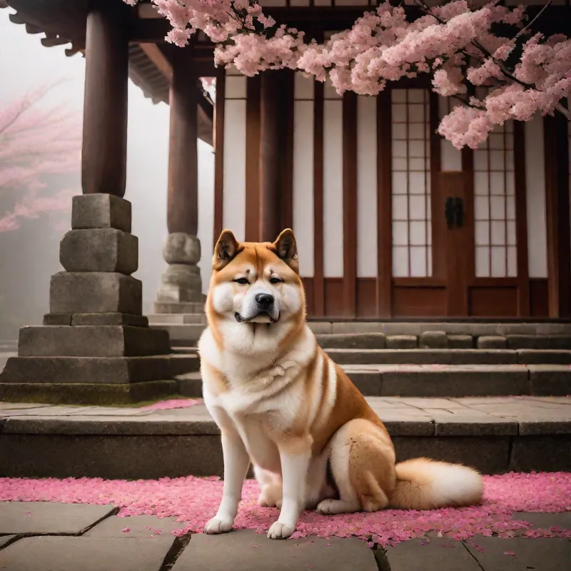 Regal Twin-Tailed Guardian - A dignified akita with two plumed tails curled poised on ancient temple steps, stone lanterns and drifting cherry petals, dramatic chiaroscuro lighting, low-angle portrait, sharp detail, subtle fog, traditional Japanese architecture, muted earth tones with soft pink accents. - AI image generated with Fictional