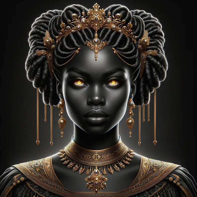 Regal Visage - A regal portrait of a woman with elaborate braids and glowing golden eyes, embodying the essence of strength, beauty and power - AI image generated with Art