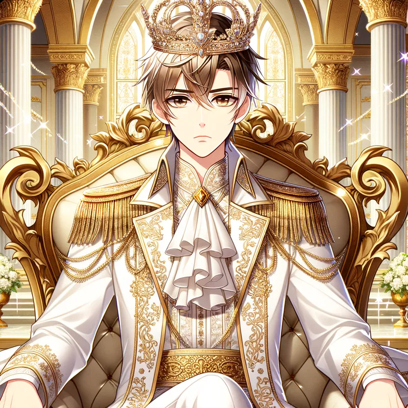 Regal White Prince - A regal anime prince with immaculate white robes, a crown, and a well-defined jawline, sitting on a majestic throne. - AI image generated with Art