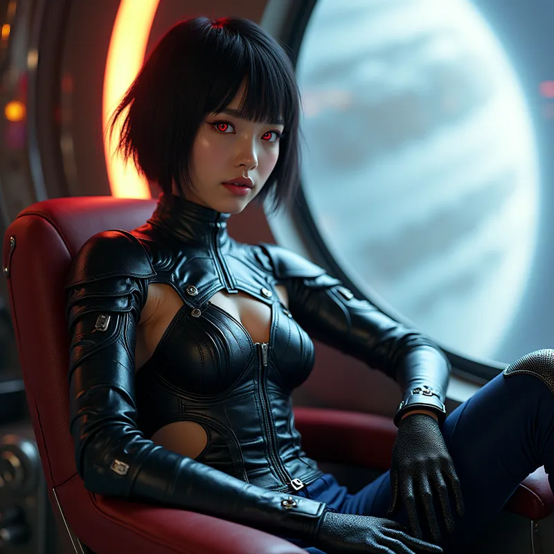 Regard de Feu sur la Planète Géante - An imposing Asian warrior girl, with striking red eyes and short hair with unruly fringes over her face. She wears a sensually cut black leather armor and slick long black gloves, complemented by navy-blue pants and sparkling black boots that reach her knees. She sits inside her spacecraft's exclusive lounge, a massive window behind her showing Jupiter, fixing you with an intense stare, sensing your apprehension. - AI image generated with Photorealistic 2