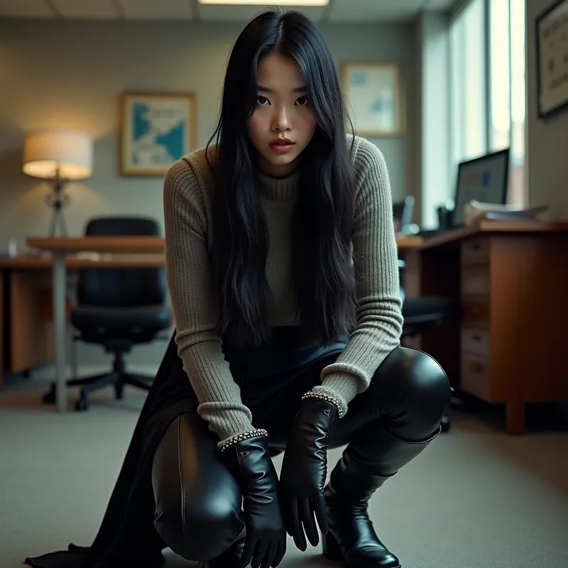 Regard méprisant femme chinoise - A young Chinese woman with beautiful, straight, shiny long hair crouches in a work office, her piercing gaze full of disdain and superiority directed at the viewer. Dressed in a wool pullover, bright black leather gloves, a long skirt, and ultra-shiny, smooth riding boots, she appears powerful and menacing, seen from a dramatic ground angle. - AI image generated with Photorealistic 2