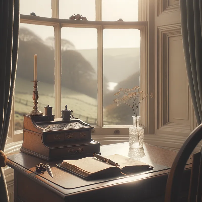 Regency Writing Nook - A quaint Regency-era writing nook situated by a large window with soft morning light streaming in, illuminating an oak desk. The desk is neatly arranged with a leather-bound journal, an ornate quill, and a single delicate flower in a glass vase. Beyond the window, the rolling hills of the English countryside are visible. - AI image generated with Art