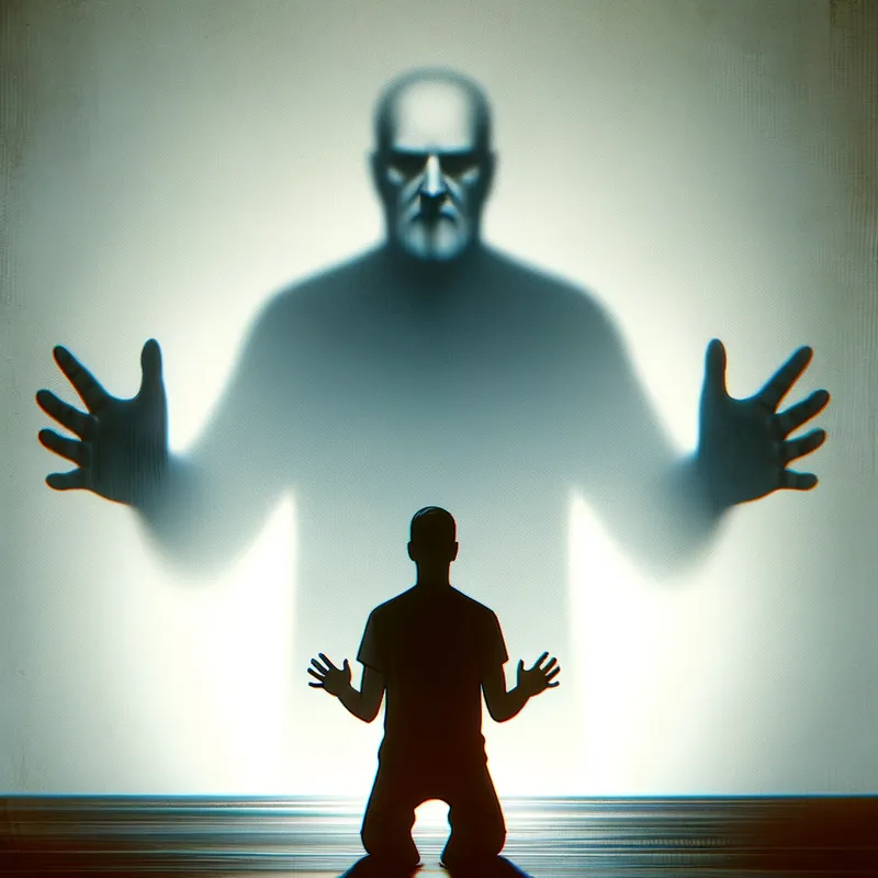 Regret and Retribution - A figure in a subdued pose, hands grasping at the air, the outline of a stern figure looming in the background, evoking a sense of accountability. - AI image generated with Art