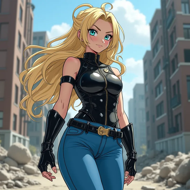 Reine des Ruines Galactiques - Dans un paysage urbain en ruine, une magnifique fille japonaise à la beauté céleste, yeux bleu vif et cheveux blonds splendides, avance prudemment. Elle revêt une armure de combat noire en cuir étincelant, des gants et bottes brillants à la coupe élégante, et un pantalon bleu foncé. Inspirée de l’esthétique dynamique de Dragon Ball Z, son allure est féroce et menaçante alors qu’elle piste sa proie. - AI image generated with Photorealistic 2
